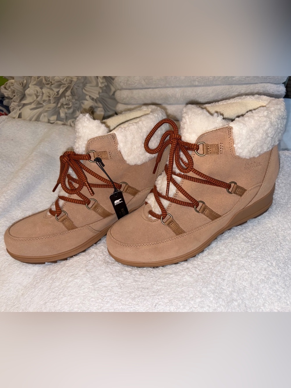NEW SOREL Women Evie Wedge Waterproof Lace-Up Bootie US 11 Tawny Buff/Woo